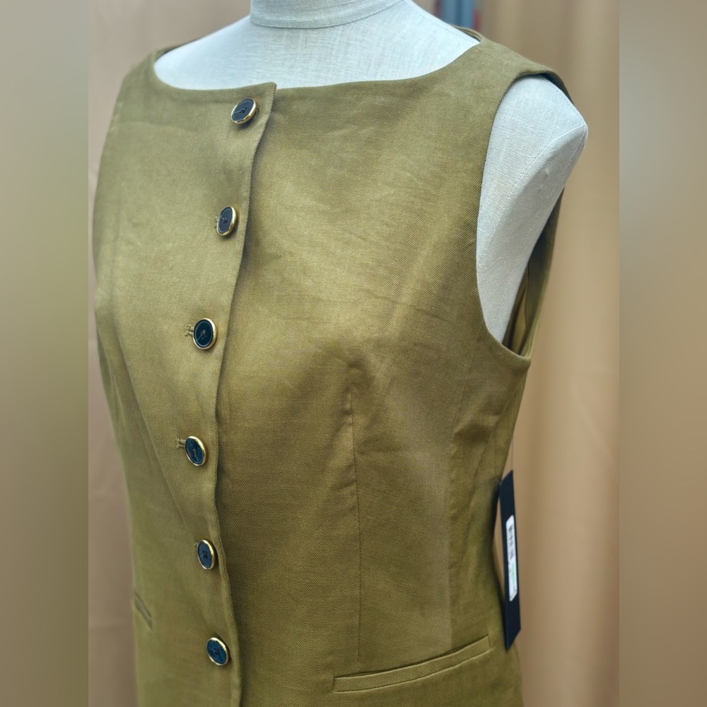 Donna Karan Women Linen Blend Vest Color Smoky Olive Medium Boat Neck Button NWT - Picture 14 of 14